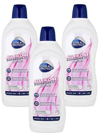 CARE+PROTECT Gel pour Lave-Vaisselle: Dégraisse, Rince, Elimine les odeurs, Extra Puissant Contre la Graisse et la Saleté, Actif en Cycles Courts, 3 Bouteilles de 750ml