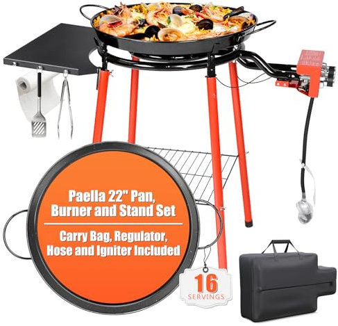 Juego de paellera de 22 pulgadas, quemador de paella y juego de soporte, sartén con tapa, paellera, paellera, kit de paella de acero esmaltado con bolsa de transporte, manguera reguladora de encendido