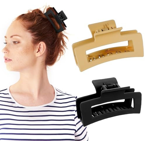 WLLHYF 2 Stück Quadratische Klauenclips 8.5 cm Mittlere Haarklammern Matt Rutschfest Modisch Starker Halt Bananen Clips Haarstyling ZubehöR Für Frauen Und Mädchen (Schwarz/Khaki)