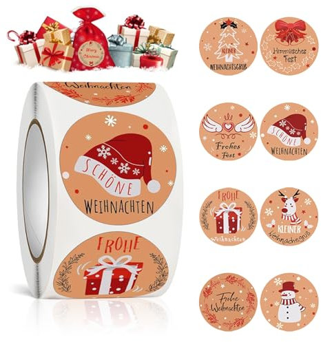 500 Piezas Pegatinas Navidad Regalos, Etiquetas Adhesivas de Navidad, Feliz Navidad Pegatinas Rollo, Pegatinas Kraft Regalo Navidad para Regalos Tarjetas Embalaje, Sobre, Felicitación Cajas