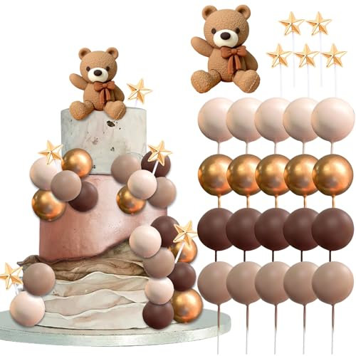 Tortendeko Bär, Cake Topper Geburtstag, 26 Stück Kuchendeko Torten Topper Brauner Bär, Kugeln Deko Torte Niedlich Kuchen Topper Bär für Kinderpartys, Jubiläumsfeiern, Mottopartys (Dunkelbrauner)