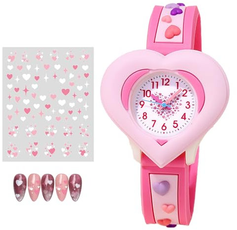 Vspek Montre Enfant Numérique 3D Forme de Coeur Montre Rose Mouvement à Quartz Adorable Montre avec Stickers Ongles pour Enfants Fille Cadeau pour Filles de 3 Ans à 10 Ans Fête des Enfant Pâques Noël
