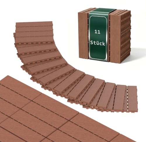 YRHome 55 Stück Holzoptik Balkonfliesen Terrassenfliesen 30x30cm Dekorative Kunststofffliesen für Terrasse Klickfliesen Bodenbelag Balkonfliese Wasserfeste Pflegeleichte - 5m² Braun vertikal Typ