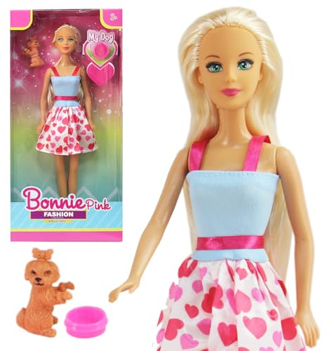 Fashion Doll with Pet Dog & Accessories Gift Set - 30cm Fashion Doll with Dress, Pet Bowl, Dog Figurine and Styling Accessories - Gift for Kids, Girls & Animal Lovers - 3+ years
