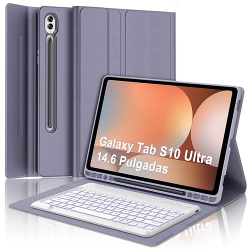 Funda Teclado para Samsung Galaxy Tab S10 Ultra 14.6, Teclado para Samsung Tab S10 Ultra/S9 Ultra, España Ñ Bluetooth Retroiluminado Desmontable Teclado Galaxy Tab S9/S10 Ultra 14.6 Pulgadas, Púrpura