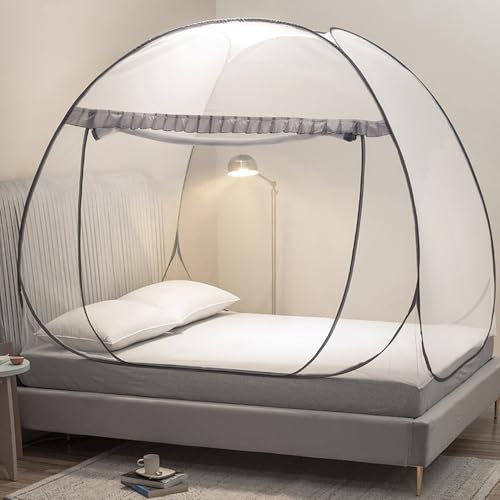 Tente moustiquaire pop-up pour lits avec fond, baldaquin de lit, moustiquaire portable et pliable pour chambre à coucher et voyage en plein air (gris, simple)