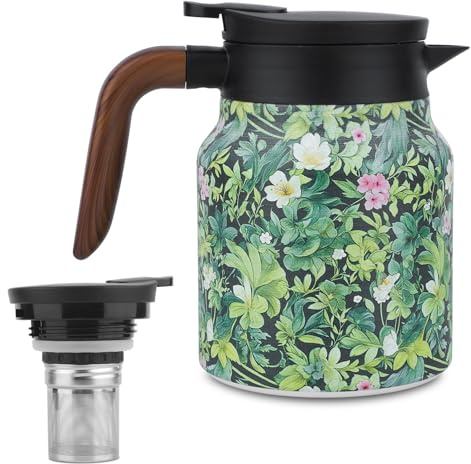 Termo para Té con Diseño Floral Vintage, Hervidor de Té Aislada con Infusor Incorporado 1 Litro Tetera de Acero Inoxidable con Mango de Madera para la Cocina Hogar Oficina (Verde, 1000 ml)