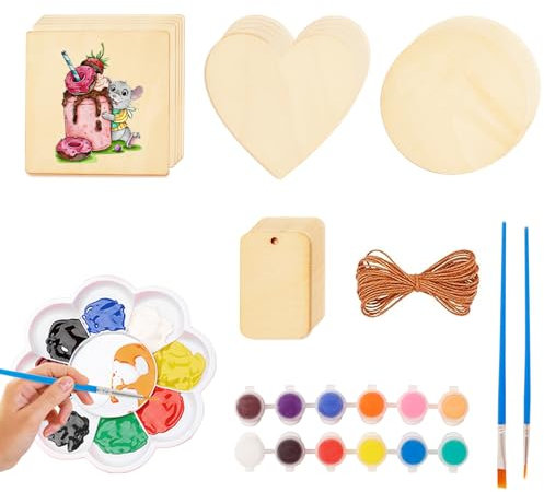 Sheryl&Rain 58 Stück Unvollendete Holzplatte zum Basteln, Unbehandelte Runde Holzscheiben und Quadratisch, mit Acryfarben und Pinseln, 8 Größen Holzplatte für Pyrografie Malerei, Graffiti