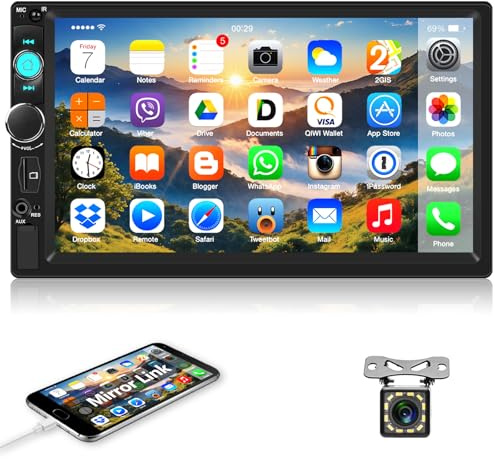 Motorsi Autoradio 2 Din con Bluetooth, 7 Pollici Mirror Link Stereo Auto con Schermo USB FM Radio AUX TF Controllo del Volante Collegamento Mirror per Telefono Android/iOS + Telecamera Posteriore