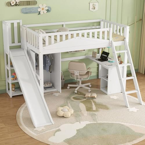Zubaliya Lit cabane Enfants 90x200cm,lit Mezzanine 1 Place avec Bureau et Armoire,Cadre de Lit superposé Enfant avec Toboggan et barrière de sécurité,pin+MDF+contreplaqué,Blanc (A)