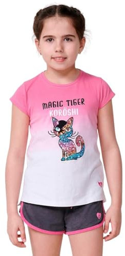 Koroshi Top bianco ragazza con Dip Dye Fucsia, ricamo di gatto con paillettes e logo, colore fucsia, Rosa, 6 Anni