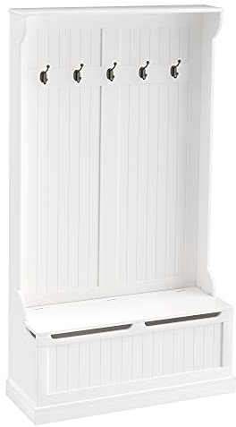 HOMCOM Meuble d'entrée avec banc, porte manteaux 3 en 1 avec 5 crochets, banc de rangement, couvercle à charnière, pour salon, couloir, 96 x 34 x 179,7 cm, crème