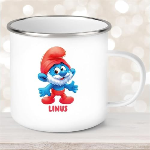 Schlümpfe Emaille Tasse Kinder Papa Schlumpf mit Wunschname Personalisiert 300ml Kinderbecher