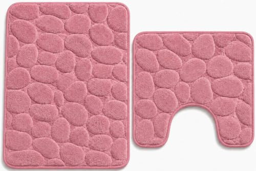 Bella Nights Pebble Stone Bath Mat Set – Extra Absorbent 100% Memory Foam Bathroom Rug & Non Slip Pedestal Mat Soft Toilet Mat for Shower Tub & Toilet Quick Dry Bath Set (Pink)