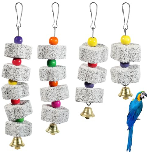 4 Pièces Jouet à Mâcher pour Oiseaux avec Cloches, Pierre à Bec Minérale pour Perroquets, Perchoir avec Perles en Bois Colorées pour Perruches, Calopsittes et Petits Oiseaux, Accessoire Cage Oiseau en