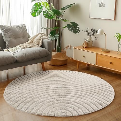 Carpetsale24 Wohnzimmer Teppich Rund 200 cm Creme Hochflor Skandi Boho Design Hoch-Tief Effekt Weicher Shaggy Langflor Flauschig Robust Pflegeleicht Modern für Schlafzimmer