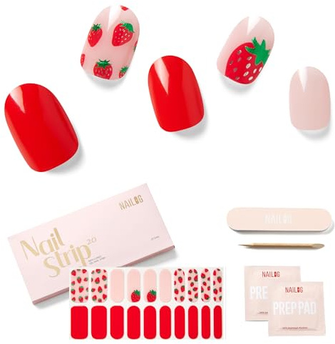 NAILOG Semi Cured Gel Nail Strips 20pcs Nail Stickers - Strawberry Sorbet | 20 Extra-Long Strips DIY Salon-Quality Gel Nails Glossy Long-Lasting HEMA-Free Vegan Easy & Safe