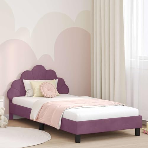 Hoopleep Lila Samt Kinderbettgestell mit Kopfteil, 80 x 200 cm, Modernes Einzelbett mit Stauraumfächern, Robustes Holzwerkstoff-Plattform-Bett für Kinderzimmer, Kein Boxspring erforderlich