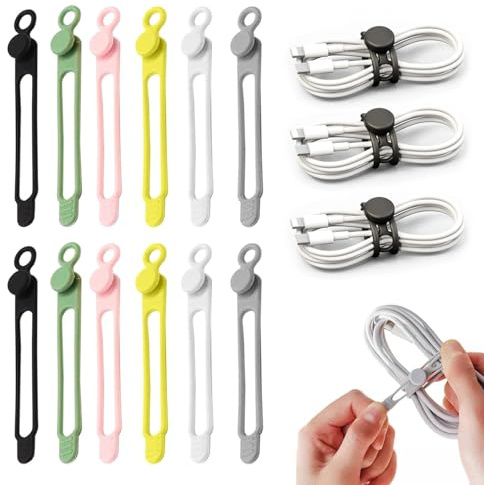 Data Cable Organizer, Elastic Reusable Silicone Cable Straps Cord Organizer for Bundling and Fastening Earphone, Phone Charger (12 PCS)