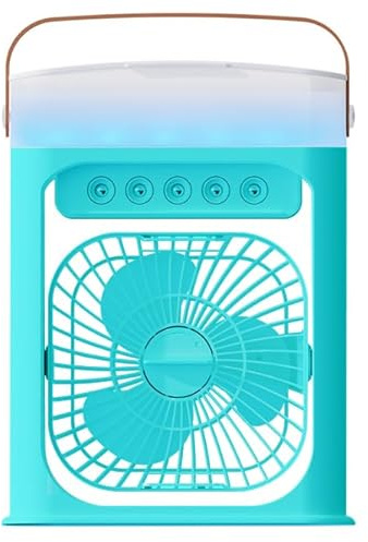 Aire Acondicionado Portátil 4 en 1, Mini Aire Acondicionado, USB Ventilador con Velocidades, Nebulización, 7 Colores LED, Temporizador, Enfriador de Aire para Camping, Oficina (Cian)
