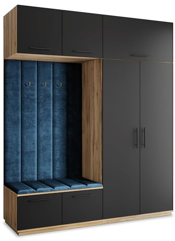 Masseno Flugarderoben Set Rema, Kleiderschrank-Set mit Sitzbank, Garderobenschrank Flur mit 5 Regalböden, Eiche Wotan/Schwarz