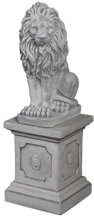 gartendekoparadies.de Löwe auf Steinsockel, Steinfiguren, Grau, Steinguss, 92 cm Höhe, 39 + 54 kg, Frostsicher, Klassische Torwächter-Figuren (Löwe Links)