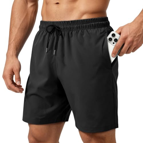 HEOAARG Short De Bain Homme SéChage Rapide Sport Bermuda Short Respirant Maillot De Bain Homme avec Poche ZippéE Et Cordon Élastique,Noir,XL