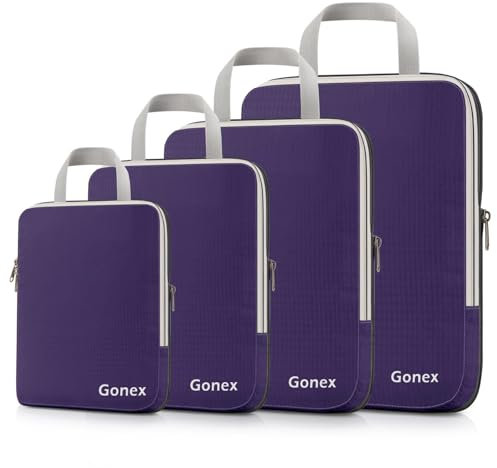 Compression Packing Cubes 3/4er Set, Gonex Kleidertaschen 4-teilig Verpackungswürfel, Kleidertaschen Set, Kofferorganizer Reise Würfel, Lila