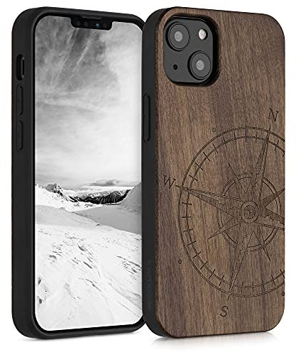 kwmobile Carcasa Compatible con Apple iPhone 13 Funda - Funda de Madera de Nogal con Bumper antigolpes - de Aguja magnética