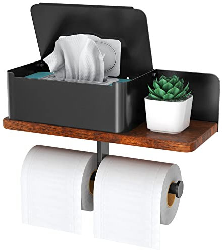 Support de Papier Toilette avec étagère - Double Rouleau de Papier Toilette avec Distributeur de lingettes pour Salle de Bain, métal et Bois Massif, Support Mural pour aromathérapie, étagère pour