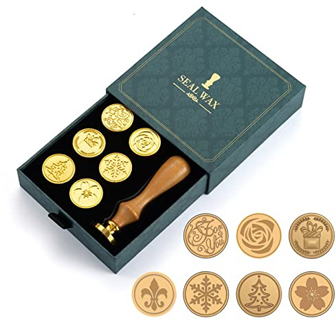 JasCherry Wachs Siegel Stempel Set, 7 Stück Siegel Stempelkopf Kupfer mit 1 Holzgriff, Retro Siegelwachs Stempel Geschenkbox für Briefe, Antikes Manuskript, Grußkarten, Hochzeit Einladung