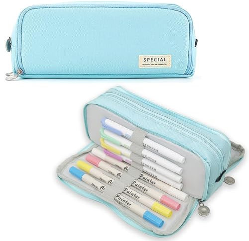 ONCCI Federmäppchen, Federtasche mit 3 Fächern Teenager Mädchen Mäppchen, Pencil Case für Schule und Büro (Helle Blau)