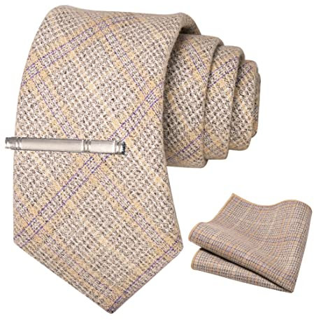 JEMYGINS Retro Wolle Hellgelb-schwarz gestreift 2 Krawatte und Einstecktuch Krawattenklammer Sets für Herren