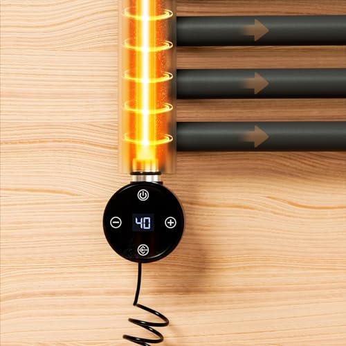 EMKE Heizstab für Badheizkörper mit Thermostat 1200W, Heizpatrone für Heizkörper Handtuchheizkörper Elektrisch, Heizstab aus Edelstahl mit Elektronischer Temperaturregler und Timerfunktion Schwarz