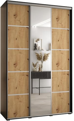 MEBLE KRYSPOL Cannes 5 Moderner Schrank mit 3 Schiebetüren mit Kleiderstange, Regalen und Spiegel - Aufbewahrungsschrank für Schlafzimmer, Wohnzimmer - 205,2x160x45 cm - Schwarz Artisan Silber