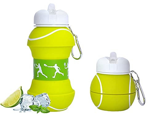 QTANZIQI Kinder-Wasserflasche – faltbare Fußball-Wasserflasche mit Schlüsselanhänger, Kleinkind-Wasserflasche mit Karabiner, Mädchen- und Jungen-Trinkflasche für die Schule – BPA-frei, grünes Tennis,