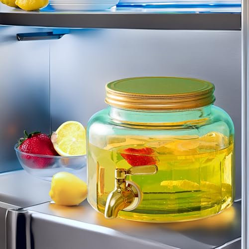 Lomejii 2.8L Gold Glas Getränkespender mit Zapfhahn für Kühlschrank, Rhombus,Edelstahl Zapfhahn und Deckel, Glasbehälter für Wasser, Saft, Milch, Eis Kaffee, Sonne Tee, kleine Mini, Klar, Rund