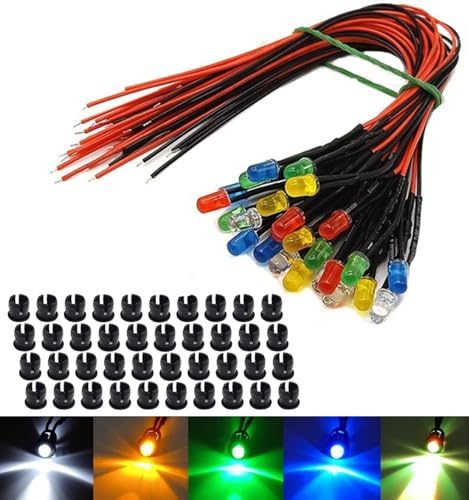 Hisxus LED-Leuchten, 5 mm, 3 Volt, Leuchtdioden, vorverdrahtet, 8 Farben, mit 80 Stück 3 mm Kunststoffhaltern, Panelmontage, Schwarz, 80 Stück (5mm)