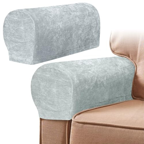 Armrest Chair Covers, Set of 2 Anti-Slip Stretch Chenille Couch Arm Cover with 10 Twist Nails, Armrest Covers Thickened Set Arm Covers for Sofa Couch Chair Recliner Furniture Protector (Silver)