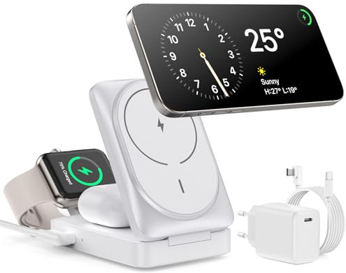 3 en 1 Chargeur sans Fil avec Mag-Safe 15W, Station de Charge Certifié Qi2, Pliable Chargeur Induction sans Fil pour iPhone 16 15 14 13 12, Apple Watch, AirPods Pro avec Adaptateur Rapide