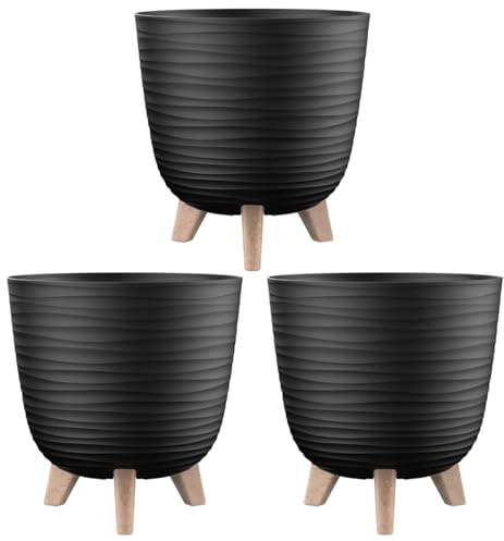 Engelland - 3 x Blumentopf mit Füßen & Bewässerungssystem, Schwarz, Ø 28 cm, Pflanzkübel, Übertopf, Wellenmuster, Innen- & Außenbereich, Drainagesystem & Wasserspeicher, rund, Kunststoff