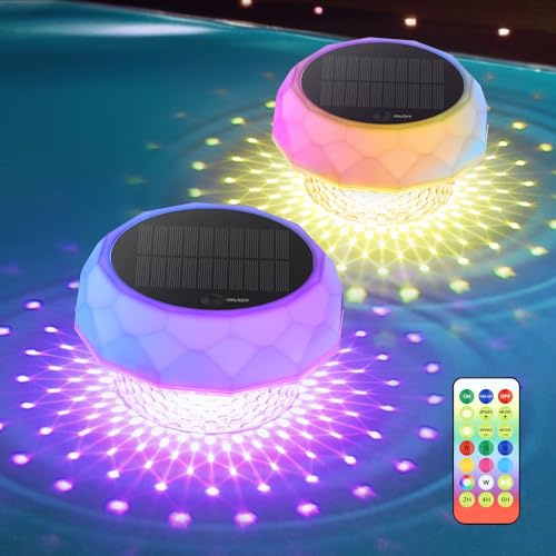 DoXtreme 2 pezzi Luce per piscina solare – LED RGB con telecomando RF | contenitore per pastiglie di cloro, luce galleggiante impermeabile IP68 per piscina, giardino e decorazioni esterne