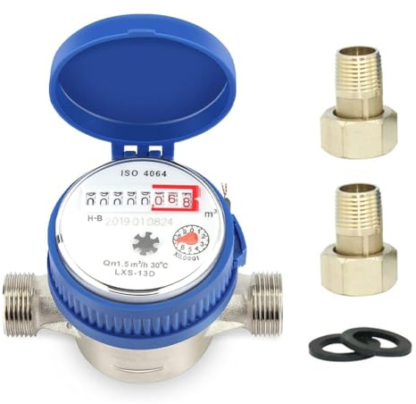 1/2 Zoll Wasserzähler Garten, Kalt Wasseruhr Geeicht 2026, 15mm Zapfhahnzähler mit Montagezubehör & Schutzabdeckung, Haushalt Kaltwasserzähler mit Digitalanzeige & Zeiger 1,5m³/h 0-40℃ für Garten