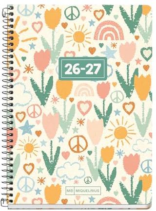Miquelrius Schülerkalender 2026/2027, Wochenansicht, 10 Monate, A6+ (11,7 x 17,4 cm), 100% recycelter Karton und Papier, Spiralbindung aus Metall, abgerundete Kanten, Stickers, Spanisch-EN