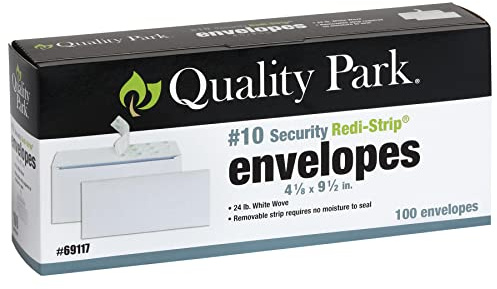 Quality Park #10 Self-Seal Security Envelopes, Security Tint and Pattern, Redi-Strip Closure, 24-lb White Wove, 4-1/8 x 9-1/2, 100/Box (QUA69117)