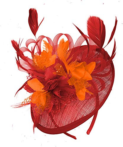 Caprilite Red and Orange Sinamay Disc Saucer Fascinator Hat for Women Weddings Headband