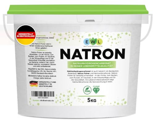 Natron Pulver Baking Soda 5kg I Deutsche Herstellung u. Abfüllung I Hochreine Lebensmittelqualität I Backpulver I Recyclefähiger, wiederverschließbarer Eimer