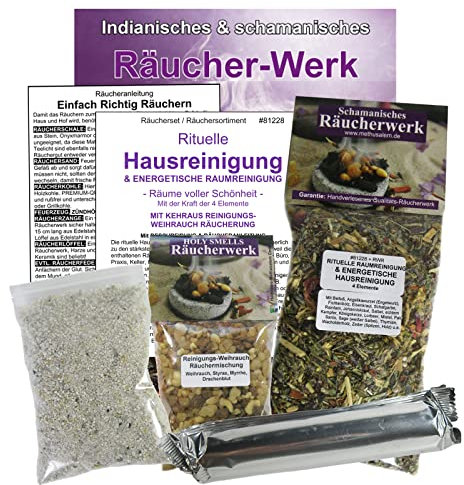 RÄUCHERWERK 6-TLG Räucherset RITUELLE HAUSREINIGUNG & ENERGETISCHE RAUMREINIGUNG mit der Kraft der 4 Elemente + KEHRAUS REINIGUNGS WEIHRAUCH. 2 x Räuchermischungen + ZUBEHÖR + Anleitung. 81228