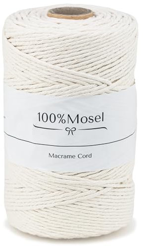 100% Mosel Baumwollkordel in Natur-Weiß (3 mm x 200 m), Dekoband für Tischdekorationen im Boho-Stil, lebensmittelechtes Garn für Makramee