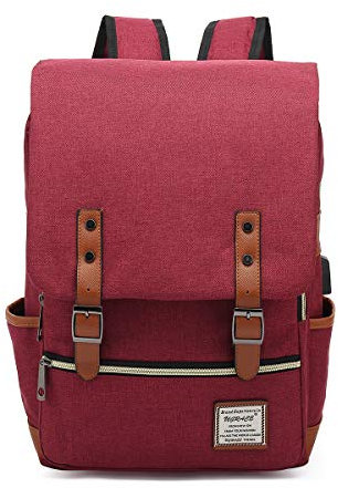 UGRACE Vintage Laptop Backpack with USB Charging Port, Elegant Water Resistant Travelling Backpack Casual Daypacks College Shoulder Bag for Men Women, Fits up to 15.6Inch Laptop in Red